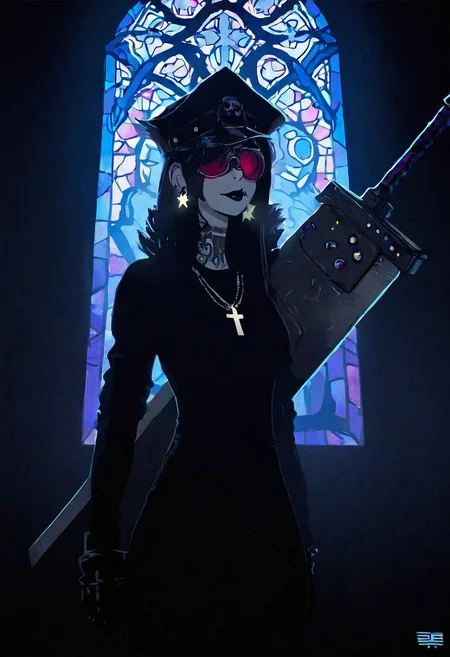 masterpiece, best quality, good quality, newest, very awa, 
1girl, hat, goggles, Buster Sword R5, tattoo, goth, star earrings, 
(cold temperament:1.2), dark atmosphere, foil texture hair, 
cross necklace, exorcist, Stained glass church, Deathbringer,