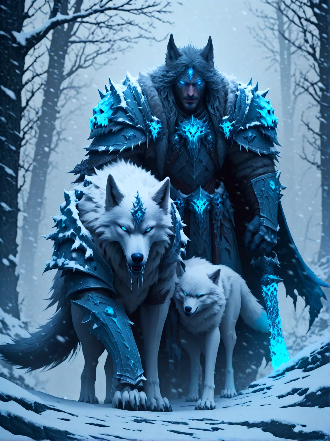 <lora:add-detail-xl:1>,<lora:deathknightsyleXL_v1-step00000400:0.7>,snowing,(wolf),masterpiece,epic,cinematic,glowing eyes,trending on artstation and deviantart,in the style of deathknight