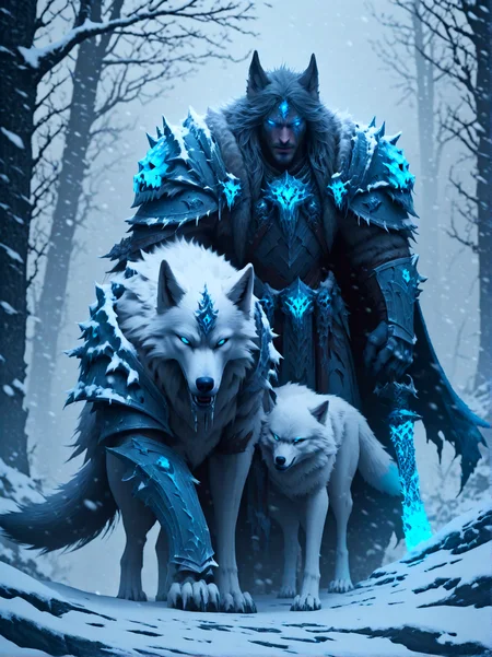 <lora:add-detail-xl:1>,<lora:deathknightsyleXL_v1-step00000400:0.7>,snowing,(wolf),masterpiece,epic,cinematic,glowing eyes,trending on artstation and deviantart,in the style of deathknight