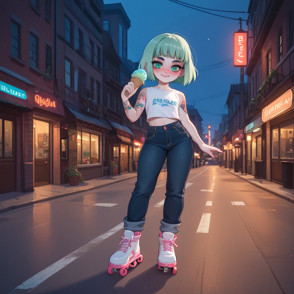 score_9, score_8_up, score_8, 1girl, solo, volumetric lighting, pale skin, white skin, pastel colors. freckles on body, blushing, cool look, goth girl, looking at the viewer, pretty girl with short hair, flat chest, (full body focus:1.1), green eyes, 23 years old, baggy jeans, white muscle shirt, skater-style, arm tattoo, skating in the city with an ice cream cone in her left hand