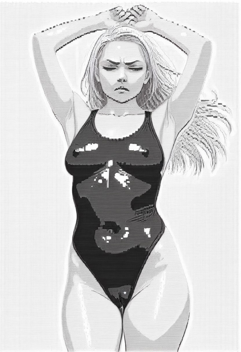 80s_digital, ascii, symbols, score_9, score_8_up, hyper-realistic,
masterpiece, best quality, absurdres detailed eyes,
cowboy shot.three quarters view,
platnium blonde hair,floating hair,blue eyes,half closed eyes,scowl,struggle to get free,arms up,latex swimsuit,((rainbow gradient swimsuit)),covered nipples,camel toe,erect clitoris,
simple background,white background,