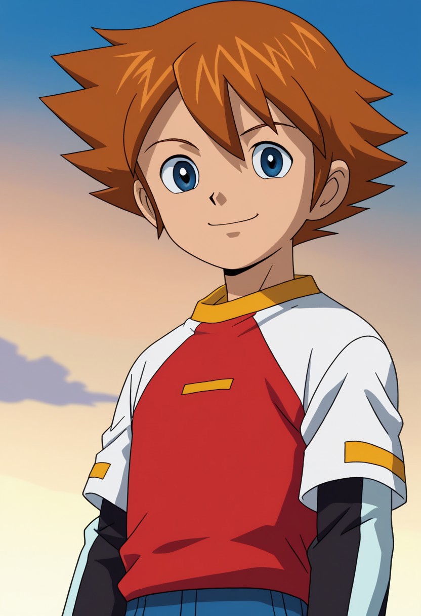 score_9, score_7_up, source_anime
chrisdyke, 1boy, male focus, solo, blue eyes, brown hair, short hair, spiked hair, hair beyween eyes, shirt, raglan sleeves, multicolored shirt, red and white shirt, long sleeves, layered sleeves, short over long sleeves, black sleeves, smile
outdoor, sky,