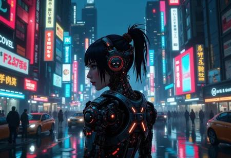 A digital artwork in the style of cknc, aidmaMJ6.1, extreme long shot of a cybernetic woman, woman herself in the middle of the composition and her back is turned, night time, cyberpunk city which nature took hold in the background, extremely detailed