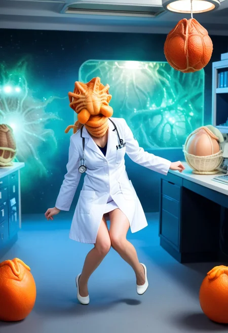 fchgr, blood orange style, xenoegg, view of a group of hatched xenoeggs, xenoeggs made of orange peel, horror theme, green light, space station interior, foggy ground, beautifully lit,
Female Doctor in lab coat with facehugger jumping at her, facehugger, alien facehugger