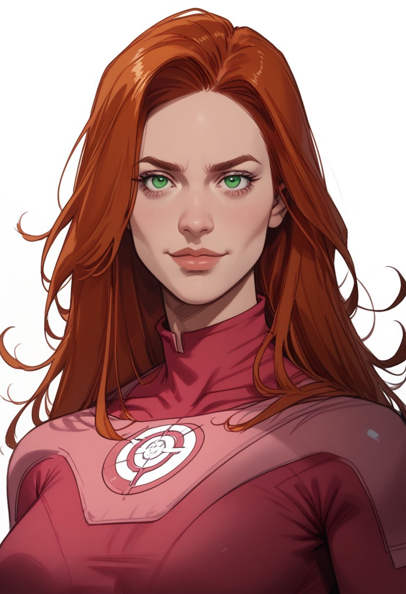 score_9, score_8_up, score_8, score_7_up, score_7,  face focus, Expressiveh
BREAK
1girl, solo, atom_eve, upperbody shot, ginger-red hair, green eyes,long hair, large breasts, looking at viewer, head tilt, seductive look, aroused, horny, standing, turtleneck superhero suit, detailed superhero logo,on chest, light smile
BREAK
white background