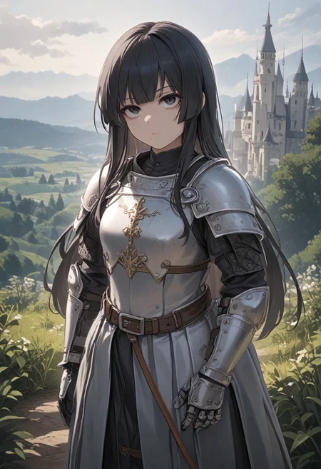 score_9, score_7_up, perfect face, perfect hands, source_anime BREAK 1girl, standing, cowboy shot, castle in background, rolling hills, landscape, medieval, plate armor, black long hair, hime cut, expressionless, day, horizon, looking at viewer