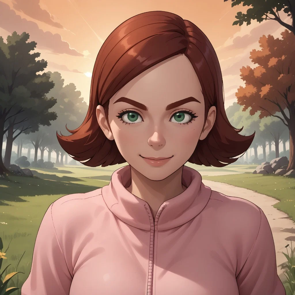 score_9, score_8, BREAK, solo, wii, mii, wii sports, 1girl, female mii, dark red hair, dark red eyebrows, green eyes, pink clothing, white pants, shoes, breasts, nintendo mii, modern_mii, classic_mii, Jen_(Wii_Sports), cute, sexy pose, self portrait, smile, outdoors, sunlight, shadows, evening lighting, natural lighting, forest, trees, grass, orange sky, sunset