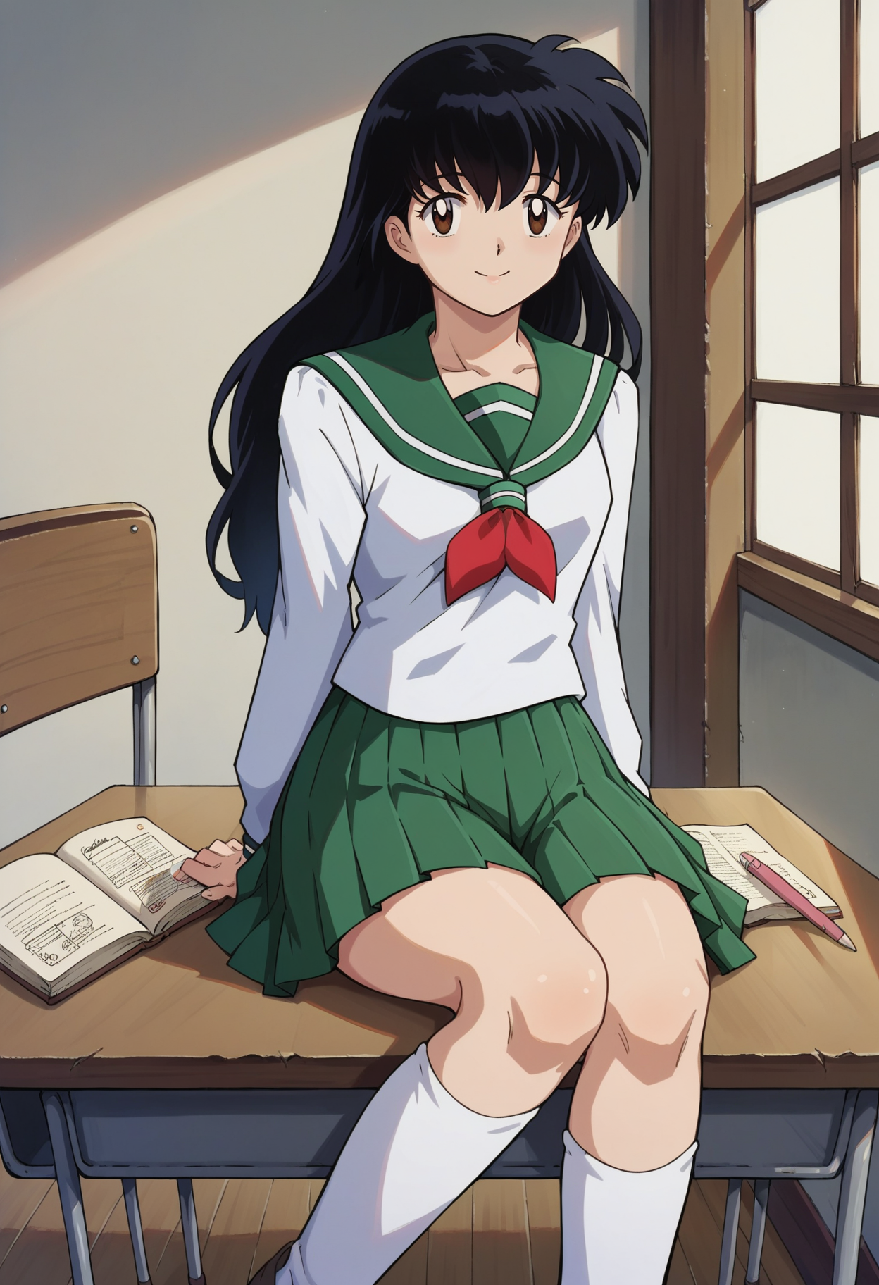 score_7, score_8_up, score_7_up, source_anime, 1girl, solo, looking at viewer, <lora:EPinKagumeSDXL-13:1.0>, EPinKagome, black hair, brown eyes, long hair, detailed background, cowboy shot, indoors, pleated skirt, miniskirt, skirt,smiling, desk, homework, library, green sailor collar, loafers, sitting, shoes, white socks, long sleeves, serafuku, sailor collar, socks, neckerchief, school uniform, green skirt, arms behind back
