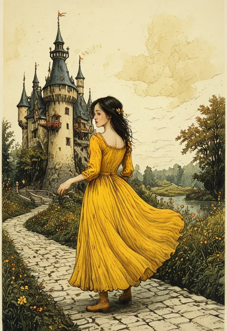 an illustration of a woman in a yellow dress dancing in front of a castle with a castle in the woman is wearing a long yellow dress and, Anton Pieck style, Efteling, Anton Pieck style, Efteling, Anton Pieck Style, wdblkCE_style, idyllic, romanticized, mood, serene, magical, quiet, peaceful hopeful. pink red yellow white :: rough strokes, gritty, gangly, dark :: Lovely, dynamic, cute