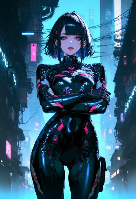 Techwear fashion masterpiece,high score,great score,absurdres, a woman in a black dress is standing with her arms crossed and her hand on her chest [18],<lora:matr1xg0th :1>,(matr1xg0th, m0tr1xbl0d3r0nn3r, realistic, tech wear, cyberpunk art, afrofuturism, Chizuko Yoshida, Christian Hilfgott Brand, gothic art),small breasts [2],chain [1], .  . Futuristic, cyberpunk, urban, tactical, sleek, dark, highly detailed