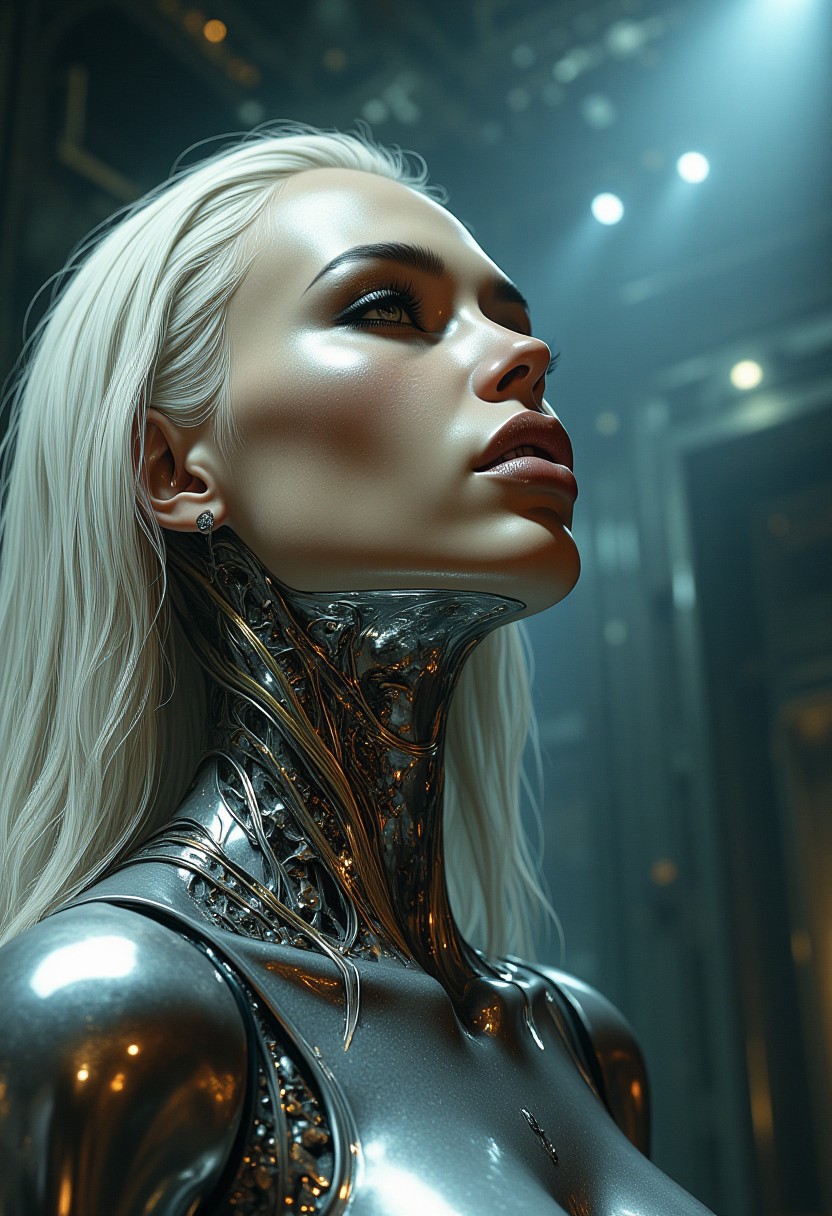impressionist classical-style painting of a highly detailed, fantasy scene with a dramatic, robotic aesthetic. The central figure is a female robot. Her head and body are made of shiny and smooth metal with multi-colored, exposed wiring going down her neck creating an organic mosaic pattern. She is a biomechanical robot with Chrome Skinned and there are wires jacked into her face. Her eyes are an intense silver color with light silver eyeshadow, and her lips are a rich, deep silver color. There is a missing panel on her cheek. A spot light focuses on her from above. Her hair is stark, metallic white strands that falls around the lower half of the image. She is blending in with the background. She is facing you and looking up into the sky intensely. The overall impression is one of dramatic beauty, with an almost otherworldly quality.  (((ultra-realistic style))), realistic soft lighting, dark, eye-catching, atmospheric lighting, natural, shallow depth of field, (highlights: 0.8), high detail (dynamic, cinematic shot, film grain, bokeh, depth of field,