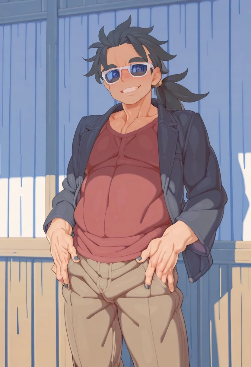 tenako, 1boy, male focus, sunglasses, jacket, black hair, smile, solo, shirt, grin, open jacket, pants, black nails, cowboy shot, muscular man, adult man
<lora:Tenako_Style:1>, masterpiece, best quality, amazing quality, very aesthetic, absurdres,  newest,