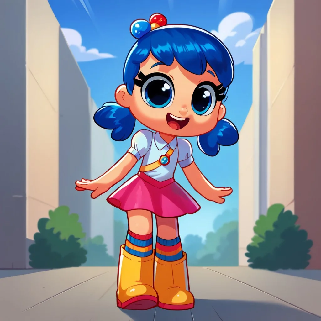 score_8, score_9, solo, true, blue hair, twintails, hair ornament, blue eyes, skirt, boots, open mouth, happy