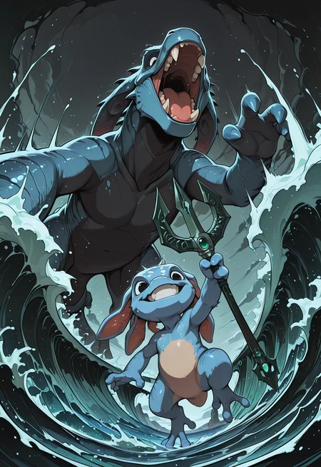 embedding:IllusP0s, codex sss chroma, dynamic angle, low angle view, from below, wide shot,
BREAK
(1boy, fizz, yordle, amphibian, blue skin, holding one trident, mischievous grin, jumping in foreground:1.2)
BREAK
a giant prehistoric shark, megalodon, animalistic, scarred grey hide, soulless black eyes, rows of serrated teeth, jaws wide open in a roar, emerging from the depths behind fizz, no arms, no legs, summoning, magic, water splash, waves, sea surface, foam, ocean, water
BREAK
stormy sky, dark clouds, dramatic shadows, motion blur, school of fish fleeing, sunken ship in background