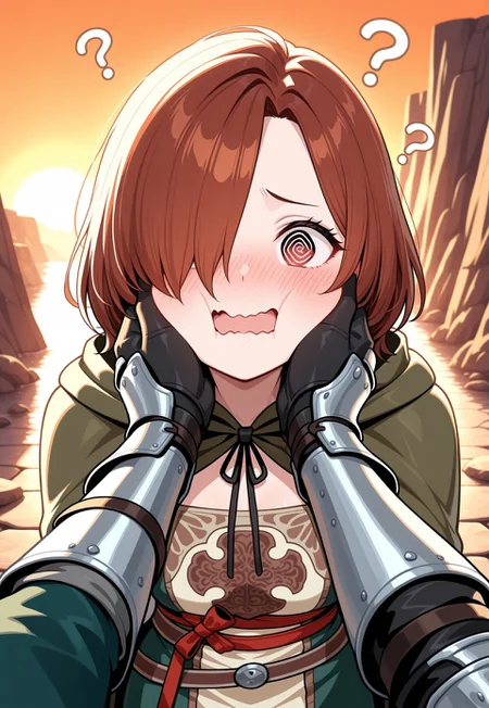masterpiece, best quality, good quality, very aesthetic, absurdres, newest, 8K, focused subject BREAK 1girl, sunset, orange sky, cliffs, emeraldherald, brown hair, short hair, hair over one eye, green cloak, hooded cloak, green dress, gloves, @ @, armor, confused, ?, blush, open mouth, wavy mouth, pov hands, gauntlets, plate armor, hands on another's cheeks, cheek squash