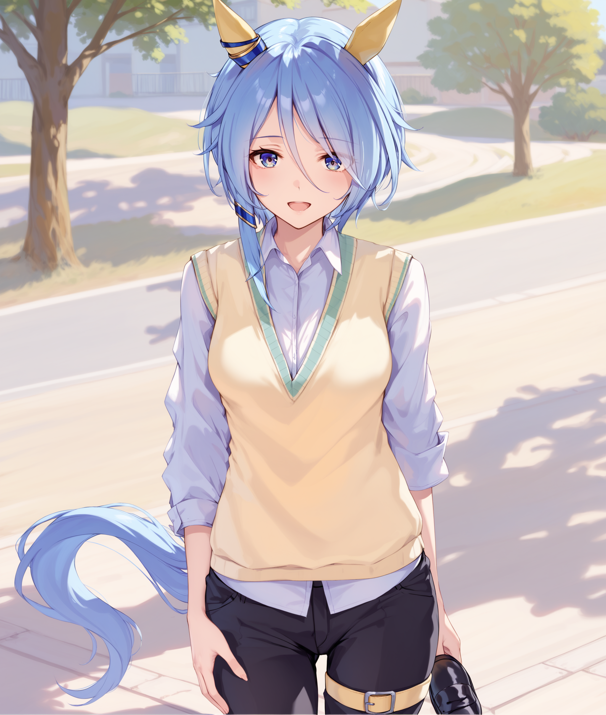 score_9, score_8_up, score_7_up BREAK
To_you, 1girl, solo, breasts, looking at viewer, smile, short hair, open mouth, bangs, blue eyes, shirt, long sleeves, animal ears, blue hair, standing, tail, white shirt, outdoors, alternate costume, collared shirt, pants, black pants, horse ears, horse girl, horse tail, sweater vest, (white shoes), standing, 
<lora:K.S.Miracle-ponyXL:1>,