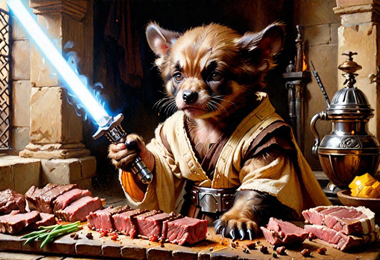 puppy wolverine Obi-Wan, grilling beef on light saber, 
Oil Painting, 
(Renaissance Paintings, Renaissance style, beautiful, painterly, detailed, textural, artistic),  (((intricate details, highly detailed, ultra-detailed, absurdres))), (unreal engine, octane rendering, Anti-Aliasing, sharp focus, natural lighting, high saturation, high contrast, vivid, vibrant, studio lighting, best texture quality), beautiful detailed scenery,