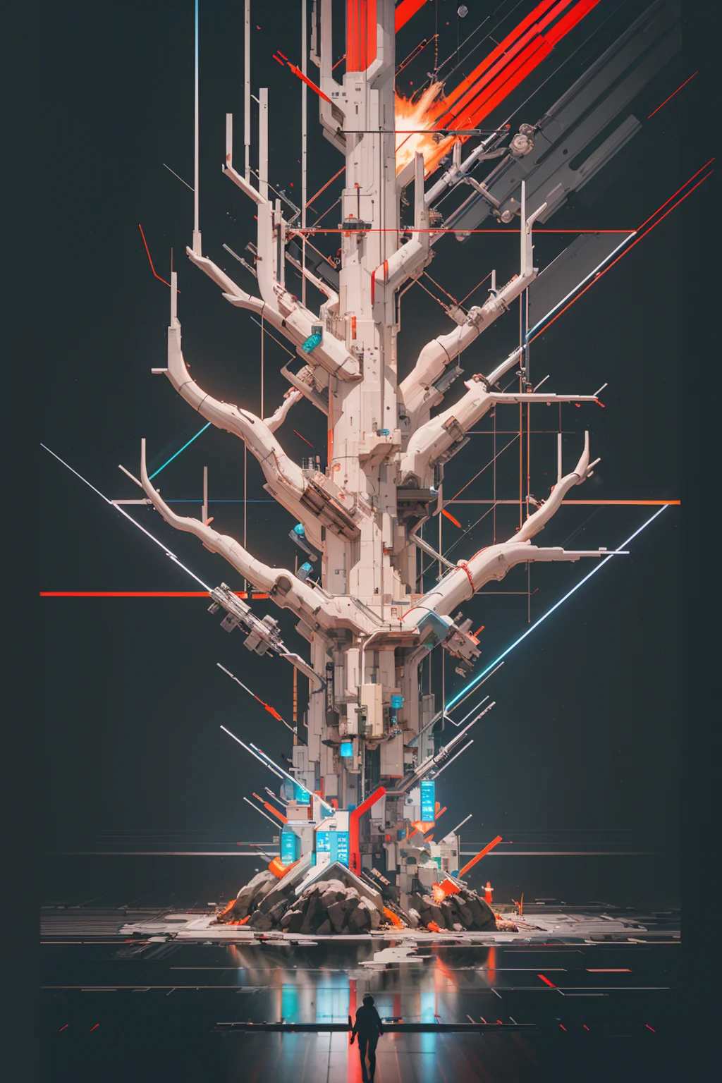 <lora:bb3l15:1> dark background, a transparent abstract baobab tree made of crystal wires on top of different color lines road in the style of bb3l15 like a motherboard with an explosion, slices and mechanisms , cinematic