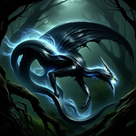a flying snake, a creature born of dark legends and ancient nightmares. Its elongated body, covered in scales that glisten like polished obsidian, moves with a fluid grace, reflecting faint, eerie glimmers of light that give it an almost ethereal glow.
The snake's wings, leathery and vast, stretch out in stark contrast to its slender, serpentine form. These powerful appendages beat with a whispering, deathly rhythm, propelling the creature effortlessly through the air. Each wing stroke sends a shiver of dread through the forest, as though the very wind fears this beast.
Its eyes are twin orbs of molten gold, burning with an intense, malevolent light. They survey the surroundings with a predatory intelligence, calculating and cold, seeking out the next victim with merciless precision. When it spots its prey, the snake coils in mid-air, a display of impossible agility, before diving with terrifying speed.
As it descends, the creature’s mouth opens wide, revealing long, needle-like fangs that glisten with venom