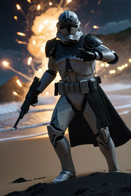 7-Phase2, 1boy, sneaking,  holding gun, military, explosions, detailed weapon
beach, night time, stars, nebulas, detailed waves and sand, black sand
[strong lighting, cinematic masterpiece, highly detailed armour,  realistic armour, legendary, hyperrealism]
  <lora:Clone Armour Phase 2 v1.0:0.9>