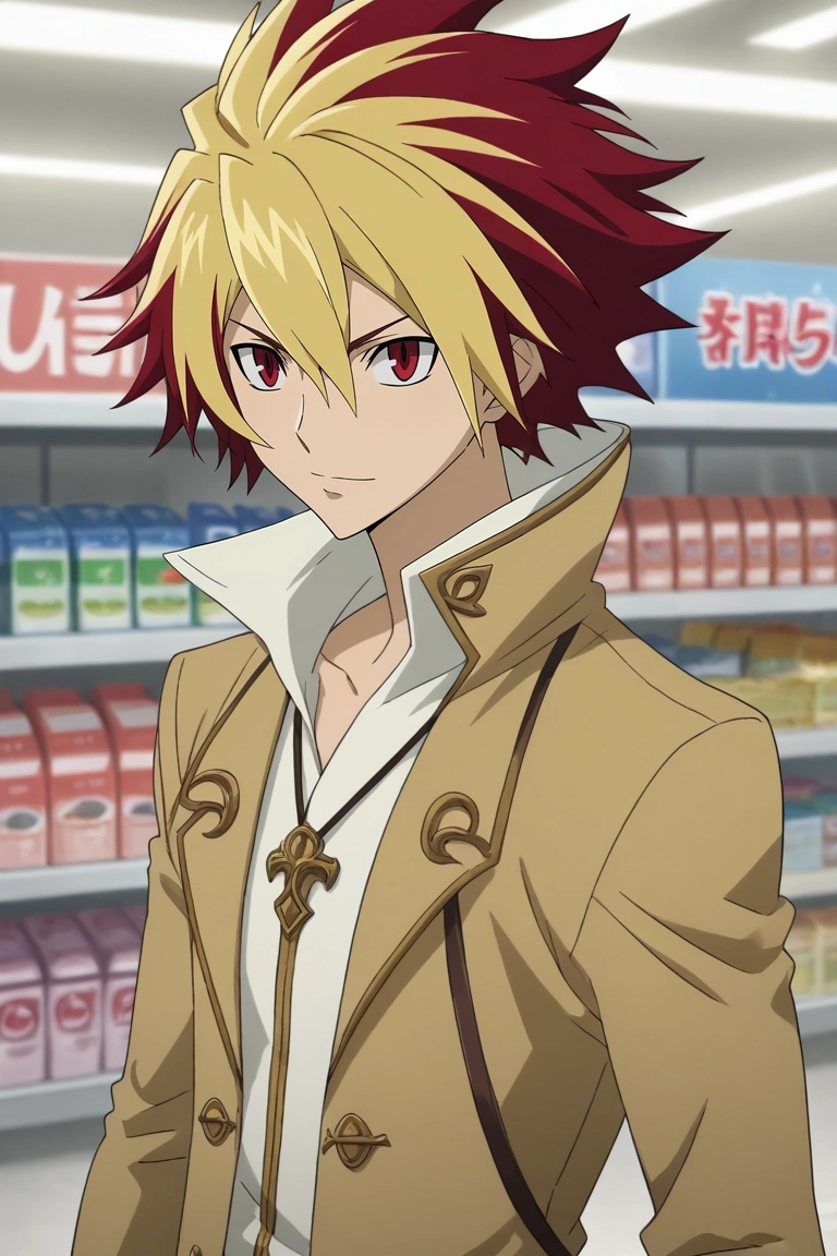 score_9, score_8_up, score_7_up, source_anime, rating_safe, , anime screencap, , official style, , depth of field, 1boy, solo, male focus, <lora:takuto_tsunashi_pony:0.98>, takuto_tsunashi, red hair, red eyes, spiked hair, bangs, multicolored hair, two-tone hair, dyed bangs, blonde hair, asymmetrical, store, convenience store, noon, arm support, laughing, viking costume, <lora:sdxl_lightning_8step_lora:1>