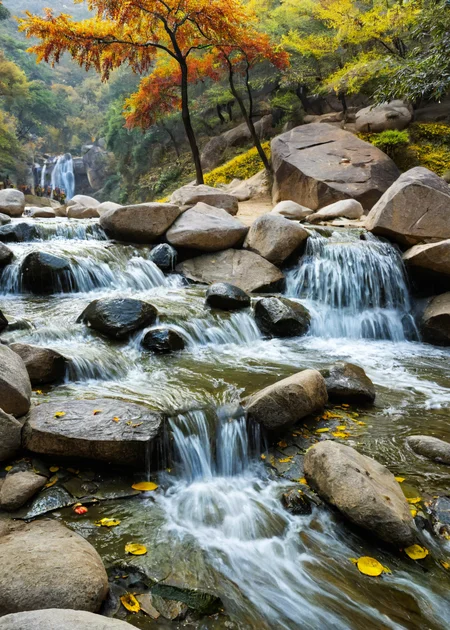 <lora:çå±±:1>,Panshan Mountain, no humans, scenery, tree, waterfall, outdoors, water, rock, nature, autumn leaves, autumn, day, forest, stream, leaf, river, stone, landscape, masterpiece, best quality,