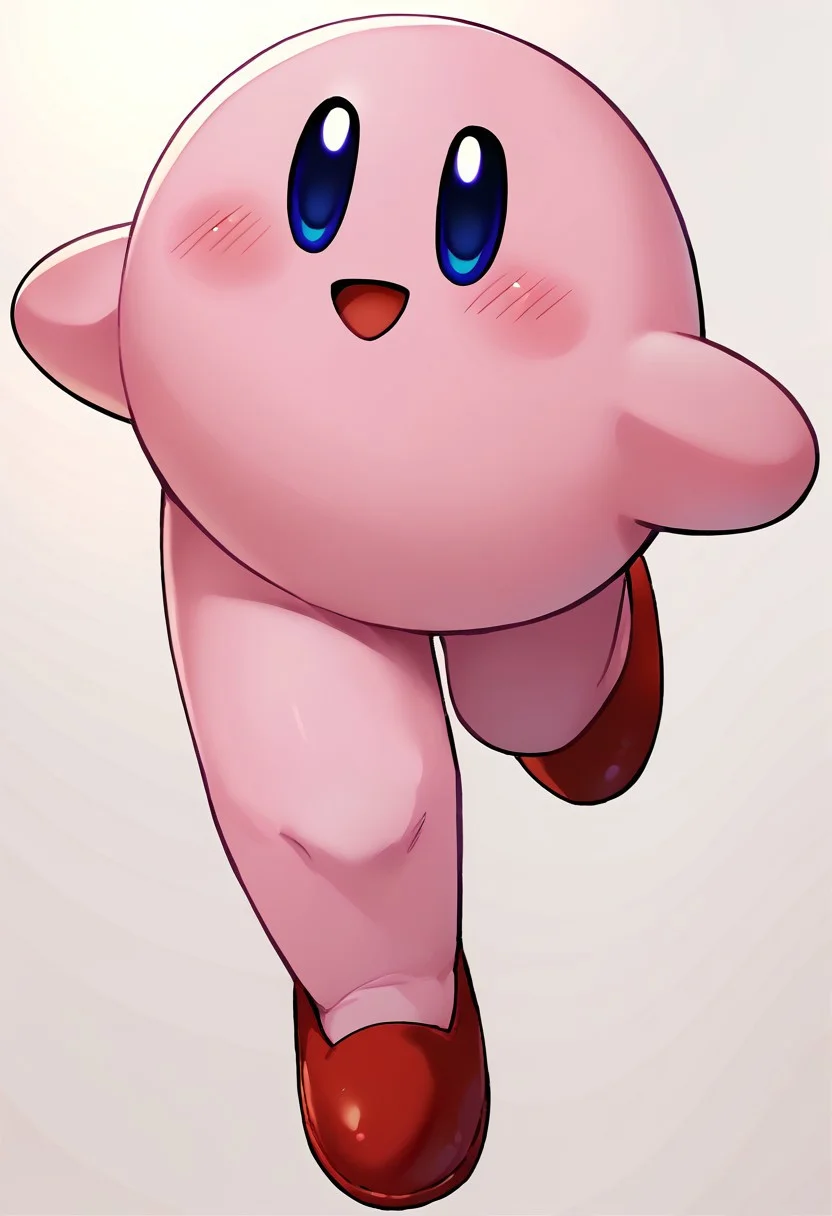 score_9, score_8_up, score_7_up BREAK LongKirby, dark blue eyes, pink body, blush, red shoes, smiling at viewer,
