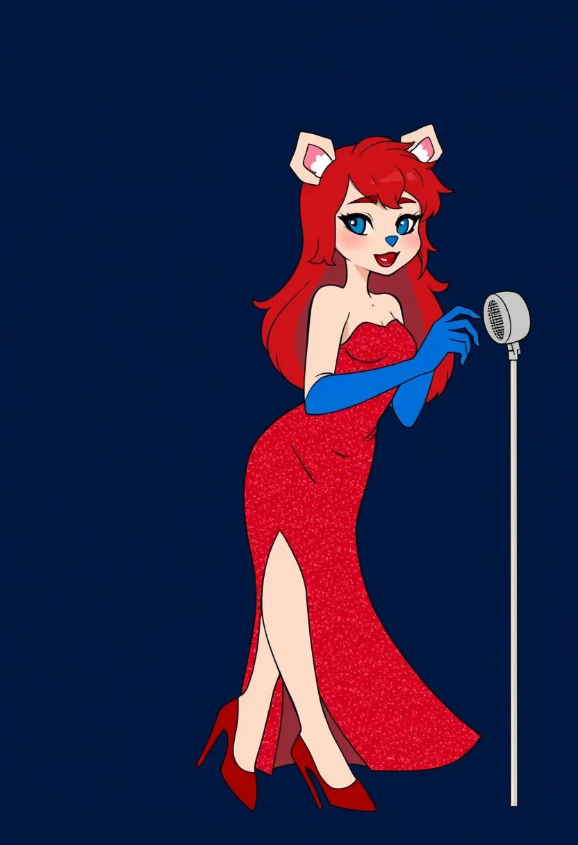 red hair, long hair, red heels, long blue opera gloves, microphone on the side, red sparkly dress, long dress, no sleeves, sleeveless, bear ears, red lipstick, blue nose, medium breasts, dark blue background