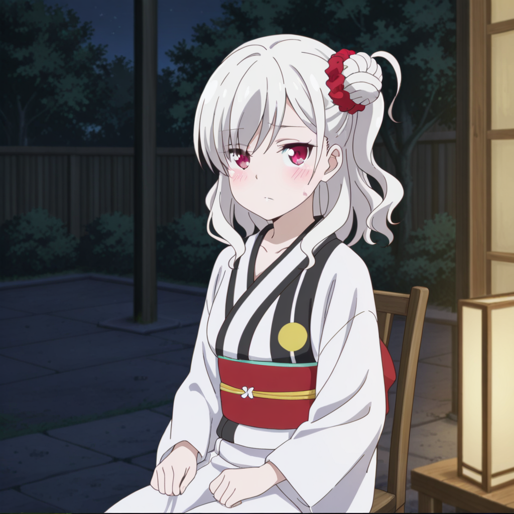 nsfw, masterpiece, best quality,1girl, solo, warlords_of_sigrdrifa_komagome_azuzu, kimono, sitting on chair, japanese clothes, outdoors, scrunchie, blush, hair ornament, hair scrunchie, red eyes, night, long hair, collarbone, white hair, red scrunchie, bag, closed mouth, looking at viewer, bangs, hair bun, obi, dress, white kimono, sweatdrop, shirt, <lora:Komagome_Azuzu_-_Warlords_of_Sigrdrifa:0.7>