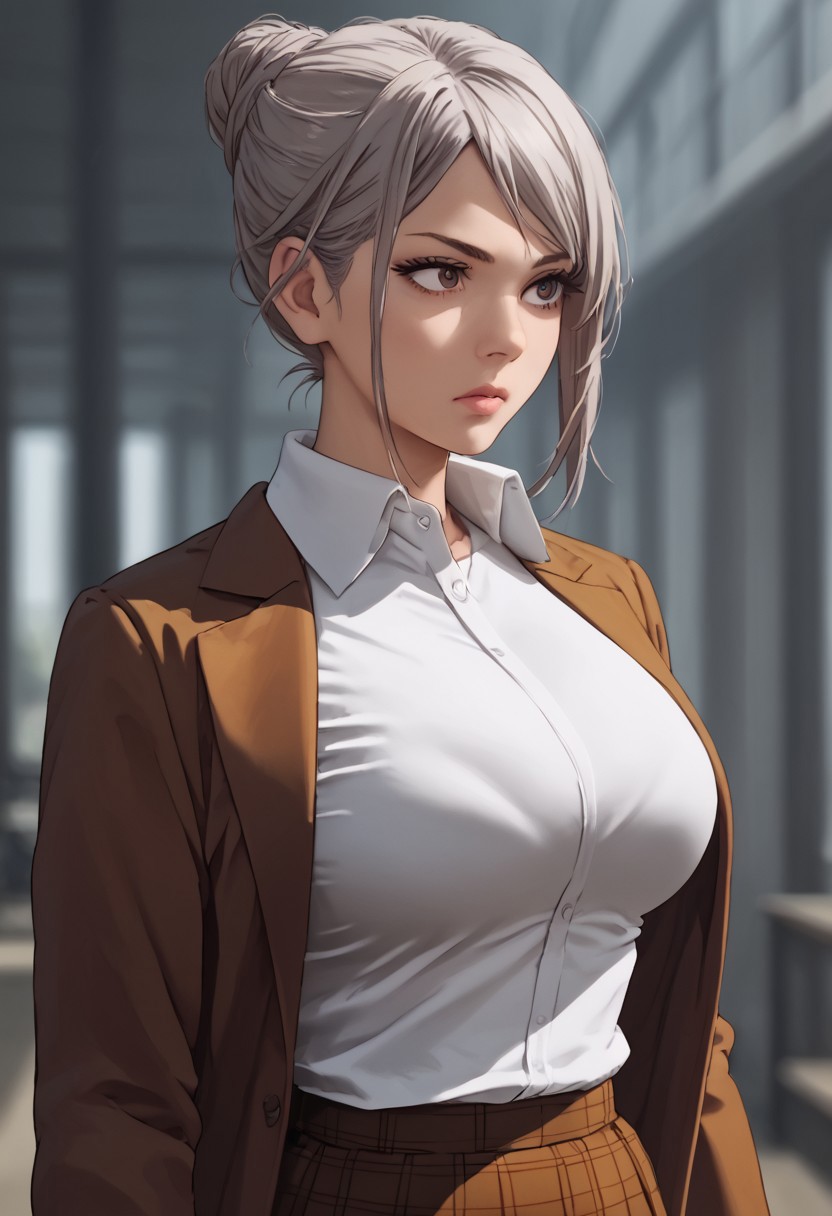 Score_9, score_8_up, score_7_up, score_6_up, rating_questionable, simple style, upper body portrait, blurry background. 
1girl, Covered cleavage bump, Brown jacket, white shirt, collared shirt, white shirt, plaid skirt, black thigh highs, boots
