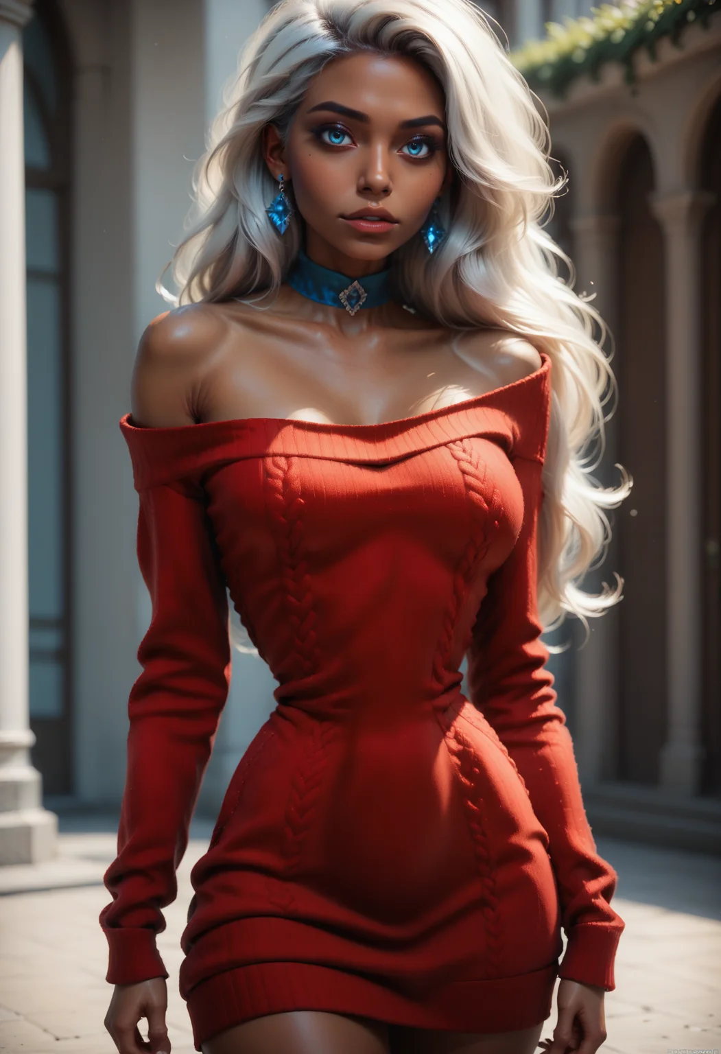 score_9, score_8_up, score_7_up,
1girl, solo, cowboy shot, sexy sweater dress, red dress, scoop neck, long sleeves, bare shoulders, blue choker, sapphire earrings,
<lora:Dark_Ivory_Pony_v0.1:0.6> d4rk1v0ry, (dark-skinned female),
