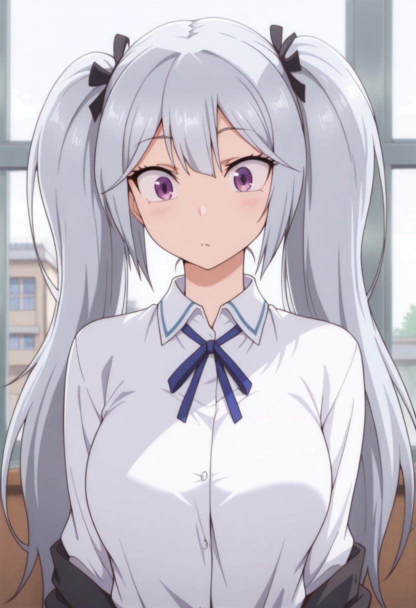 masterpiece,best quality,amazing quality, sakai tama, purple eyes, long hair, grey hair, twintails, 1girl, solo, ribbon, school uniform, shirt, indoors, collared shirt, neck ribbon, white shirt, window, blue ribbon, upper body, black ribbon