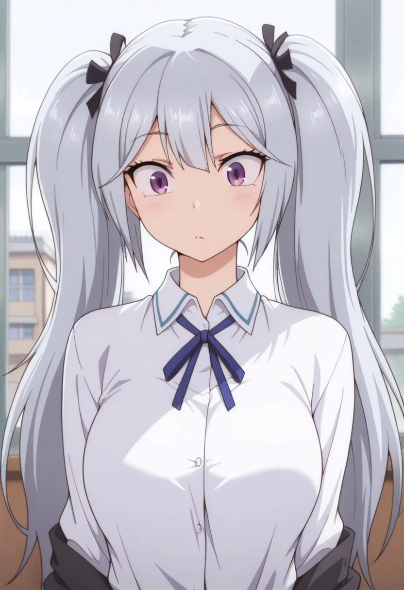 masterpiece,best quality,amazing quality, sakai tama, purple eyes, long hair, grey hair, twintails, 1girl, solo, ribbon, school uniform, shirt, indoors, collared shirt, neck ribbon, white shirt, window, blue ribbon, upper body, black ribbon