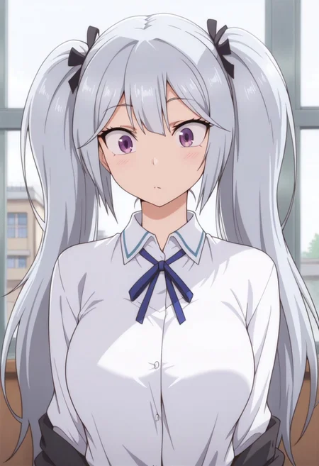 masterpiece,best quality,amazing quality, sakai tama, purple eyes, long hair, grey hair, twintails, 1girl, solo, ribbon, school uniform, shirt, indoors, collared shirt, neck ribbon, white shirt, window, blue ribbon, upper body, black ribbon