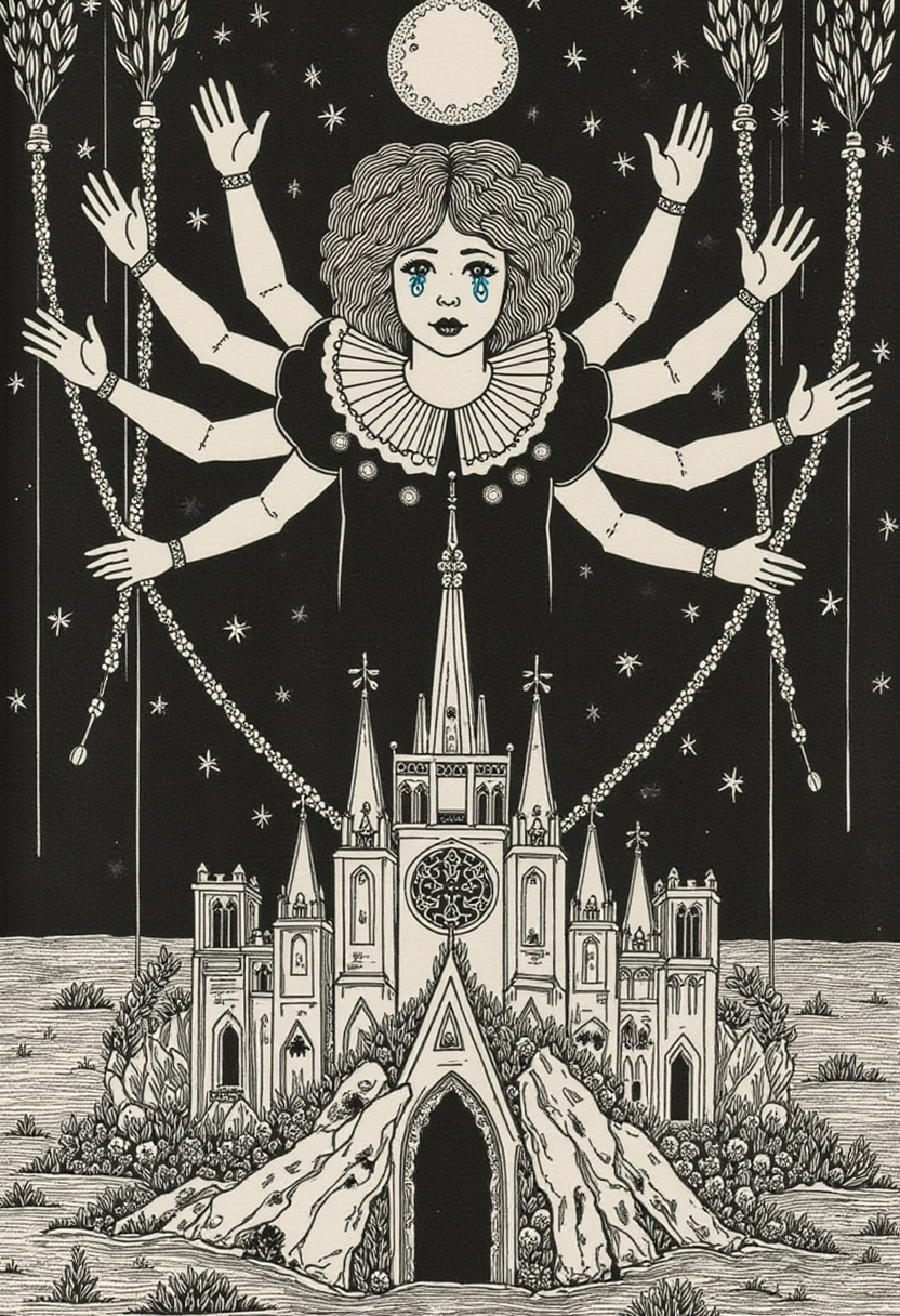 aubreybeardsley1 illustration  A moon-faced child with eight arms and a harlequin collar levitating above a collapsing cathedral made from ink-blotted teeth and strings of pearls; her expression is beatific and empty, with only her eye tears rendered in a shimmering sapphire blue, turning the entire image into a celestial satire as imagined by a decadent ink-sorcerer from another realm.