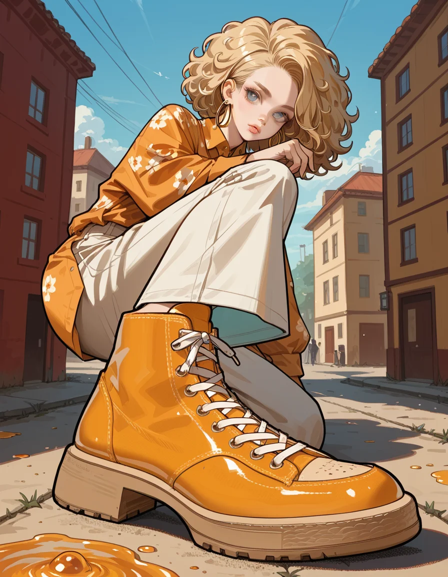 score_9, score_8_up, score_7_up, score_6_up, score_5_up, score_4_up, hud_sh03_sh0w, 1girl, solo, Violet , Long Boots, Floral print button-up shirt, white cropped pants, and navy blue espadrilles, Diva, Tall, Wide Hips, Square Face, Fair Skin, Honey Blonde Hair, silver Eyes, Wide Nose, Full Lips, Prominent Chin, Shoulder-Length Hair, Thick Hair, Fluffy Afro, large breasts, Dangle earrings, orange stain lipstick, Country club foreshortening, looking at viewer, <lora:showinshoes:0.8>, outdoors,