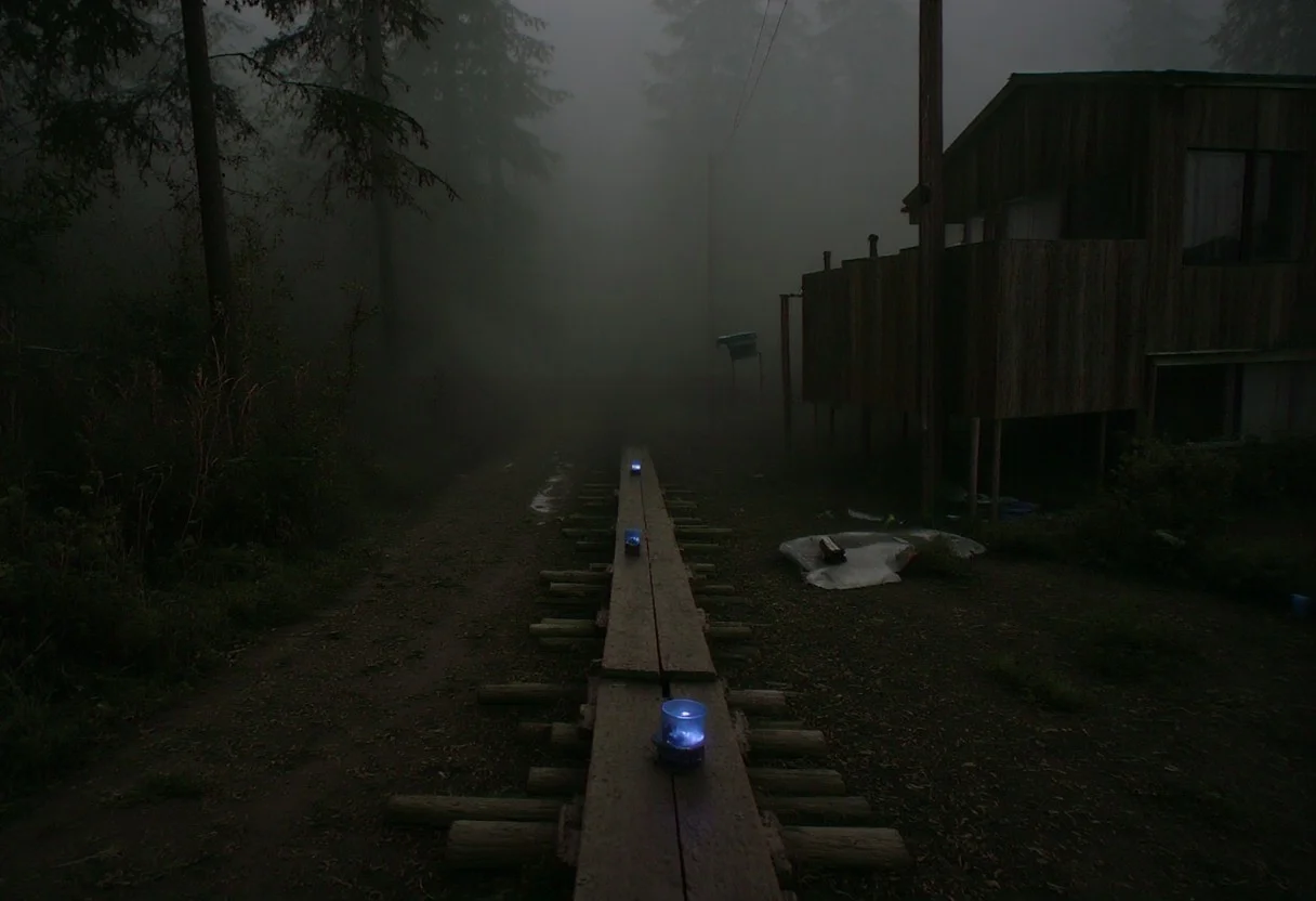 score_9, score_8_up, score_7_up, score_6_up, intricate, intricate details, intricate lighting, swamp, wooded swamp, (creepy:1.5), (unsettling:1.5), (night time:1.5), trees, gnarled trees, trees without leaves, bare trees, wooden walkway, wooden path, old wooden path, broken boards in pathway, worn down wooden pathway, fog, low hanging fog, thick fog, fog above ground, candles on wooden path, candles leading down pathway, blue candle light, moon light, night, dark, darkness, dilapidated and haunted house in distance, house in the distance, haunted house in the distance, flashlight left on pathway, taken by Kodak MC3 camera, taken by Kodak camera, taken by low quality camera, aidmasilenthill