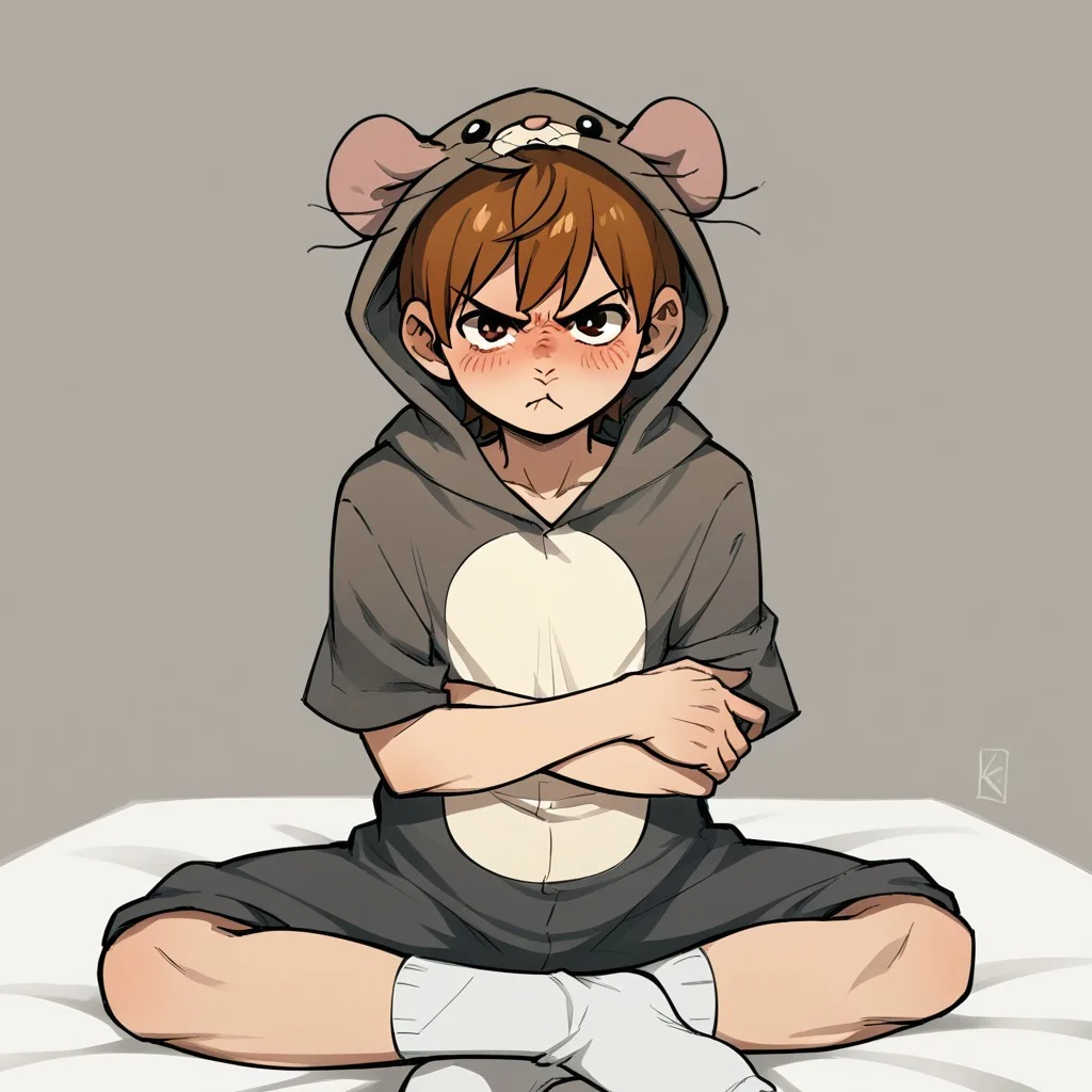 score_9, score_8_up, score_7_up, slender, twink, skinny (0.000001), slim (0.000001), short torso, short legs, short body, small body, short arms, solo male, source_anime,
<lora:chilchuck-s2-ponyxl-lora-nochekaiser:1>, chilchuck, short hair, brown hair, brown eyes,
solo, rat onsie, white socks, animal costume, tail, hood up, mouse ears,
angry, grumpy, blushing, crossed arms, sitting on a bed, bedroom, night time, looking at the viewer,