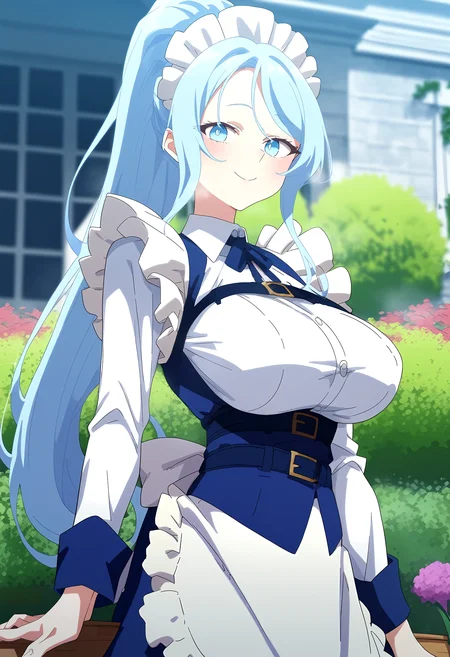 score_9, score_8_up, score_7_up, score_6_up, source_anime, rating_explicit, <lora:neg4all_bdsqlsz_V3.5:2.0>1girl, (solo:1.2), huge breasts, <lora:Sylphaponyxl:1> long hair, blue eyes, blue hair, ponytail, white hair, maid headdress, maid, white shirt, long sleeves, frills, apron, blue ribbon, belt, smile, Narrow shoulders, heavy breathing, steaming body, garden, outdoor, looking at viewer