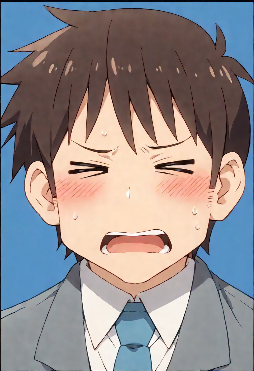 score_9, score_8_up, score_7_up, score_6_up, source_anime (Nichijou\), 2D, anime, official style, anime coloring, (male focus), solo male, Manabu Takasaki, dark brown hair, short hair, white shirt, blue necktie, grey jacket, feet out of frame, handsome, charming, alluring, (portrait, headshot, cowboy shot, close-up:1.3), black border, school office background, bright background, blush, > <, closed eyes, surpeised, open mouth, shock, embarrassed, nervous