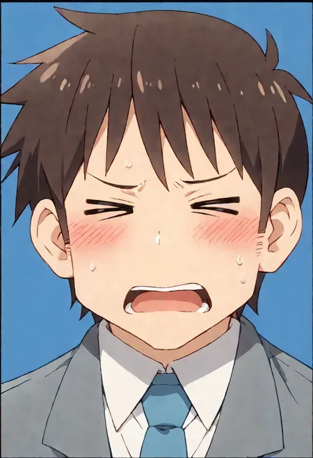 score_9, score_8_up, score_7_up, score_6_up, source_anime (Nichijou\), 2D, anime, official style, anime coloring, (male focus), solo male, Manabu Takasaki, dark brown hair, short hair, white shirt, blue necktie, grey jacket, feet out of frame, handsome, charming, alluring, (portrait, headshot, cowboy shot, close-up:1.3), black border, school office background, bright background, blush, > <, closed eyes, surpeised, open mouth, shock, embarrassed, nervous