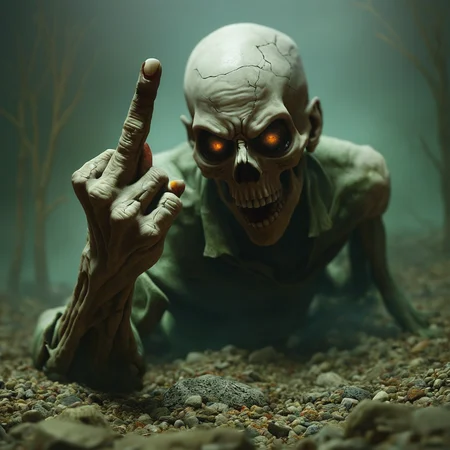 realistic,hyper realistic,crawling dead,3d,gravel,rocks,cracked tombstones,debris,monster,open mouth,photo \(medium\),photo background,realistic,teeth,zombie,skeleton,flipping bird,middle finger,giving the finger,skinless fingers,tendons,bones,<lora:add-detail-xl:0.5>,night sky,moon,clouds,fog,moon rays,cracked skull,brain,realistic eyes,