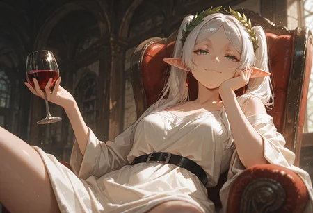 ((solo)), frieren \(sousou no frieren\), elf, white hair, twintails, green eyes, sitting in chair, greek robe, laurel wreath, (bare shoulder), spread hands, spread legs, head on hand, holding glass of wine, half closed eyes, smug smirk, confident pose, looking at viewer, wide shot
BREAK (Smooth Quality - Illustrious:0.8), masterpiece,best quality,amazing quality, absurdres, (impressionism), ultra-HD, 8k, fit body, highest quality, volumetric lighting, (dramatic lighting), usnr, (cinematic composition:1.3), (sharp focus:1.2), (depth of field:1.2), (adult), wide eyes, (mature female:1.2), very aesthetic, smooth image, (detailed face and eyes),
<lora:USNR STYLE_XL_loha:0.3> <lora:illustrious_quality_modifiers_masterpieces_v1:0.6> <lora:ponyv4_noob1_2_adamW:0.4> <lora:FINALE:0.2>