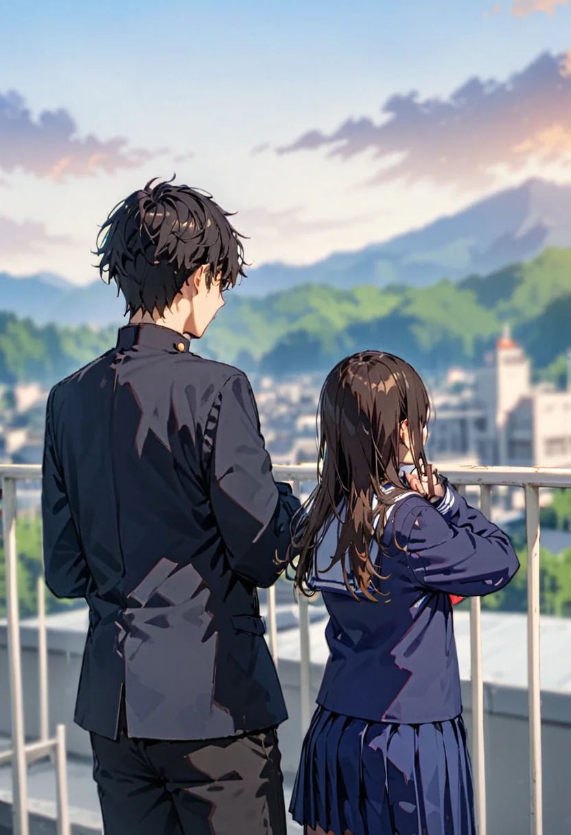 masterpiece, best quality, very aesthetic, absurdres,
okujyou, 1girl, 1boy, outdoors, school uniform, long hair, blurry, black hair, skirt, mountain, serafuku, blurry background, day, railing, gakuran, blue skirt, depth of field, long sleeves, from behind, brown hair, black pants, sky, building, sailor collar, pants, blue shirt, shirt
 <lora:gakkou_okujyou_SDXL_V1:1>