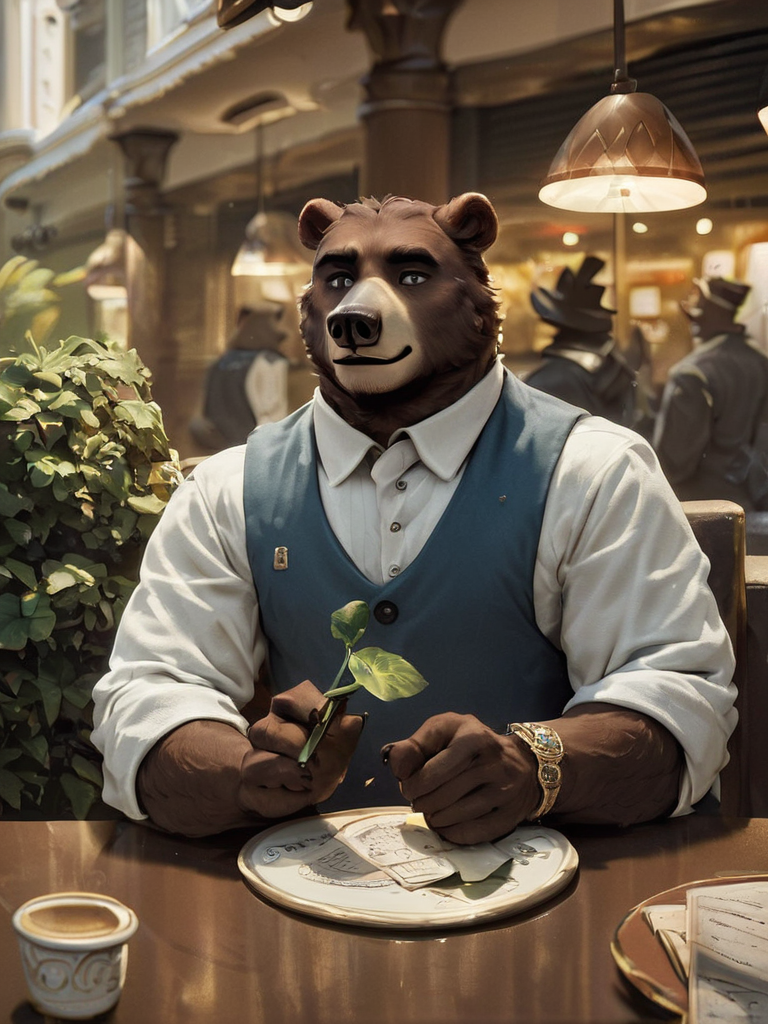 <lora:Realistic000003_1_2.5DAnime_0.05_Merge1:0.8>,score_9,score_8_up,score_7_up,score_6_up,score_5_up,score_4_up,source_furry,gentleman bear sit at a table at a cafe,bear,gentleman,solo focus,rating_safe,