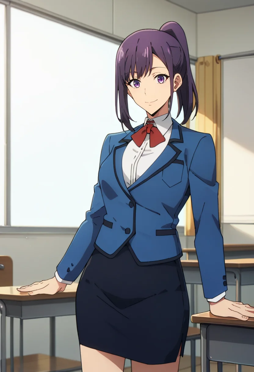 score_9, score_8_up, score_7_up,
<lora:SoloLeveling_SungJinahXL:0.8>, SungJinahSL,
1girl, solo, closed mouth, light smile,
purple hair, purple eyes, ponytail,
JinahSchool, blue blazer, red bowtie, collared shirt, white shirt, pencil skirt, black skirt,
standing, looking at the viewer,
indoors, classroom