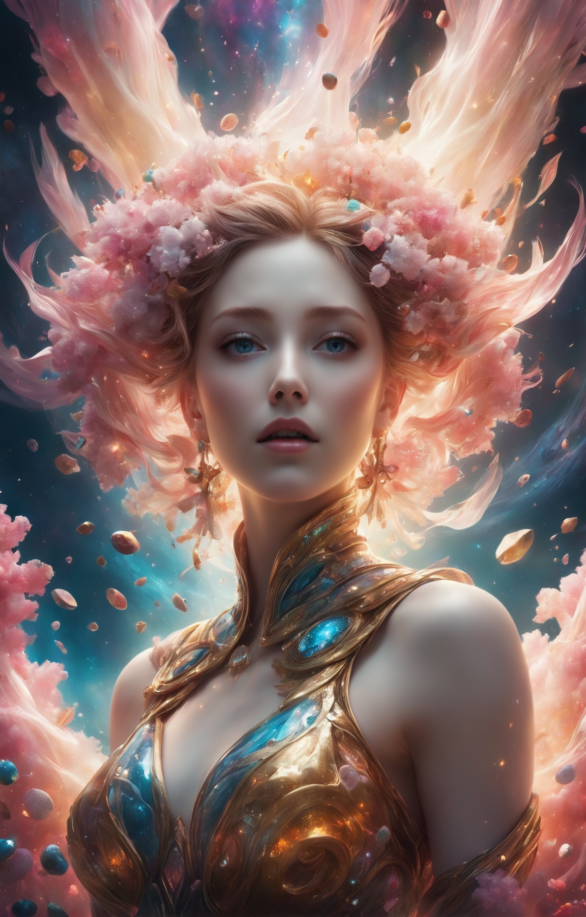 in the style of betmd, mythical, sakura petals, portrait, looking up, ((space_style:0.6), cosmic outer space theme:1.1), earth-mage,  crystalline eyes, focusing, dynamic movement,   causing tremors,  levitating platforms, rocks, earthen tendrils, geomancy, radiant geomancy sigils,   underground tunnel in background, magical lights, wind, updraft,  cinematic atmosphere, <lora:betmd:0.6>