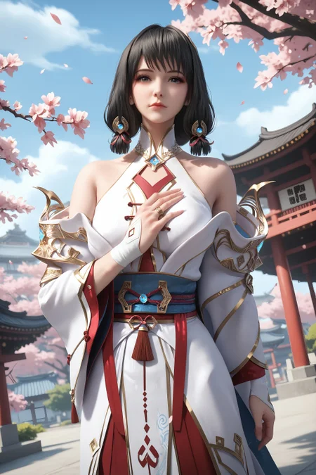 score_9, score_8_up, score_8, source_real,real skin, rating_explicit, mature female, ExpresiveH, best quality, unreal engine,game,cg, very aesthetic, CG, masterpiece, ultra high res, highres, More Details, high rating,Intricate and refined delicate details, looking at viewer,
<lora:age_slider_v4:4>,
<lora:yunluo:1>, 1girl, solo, black hair, hair ornament, bare shoulders, sash, closed mouth, blue sky, sky, outdoors, east asian architecture, Cherry blossom, tree, hand on own chest,