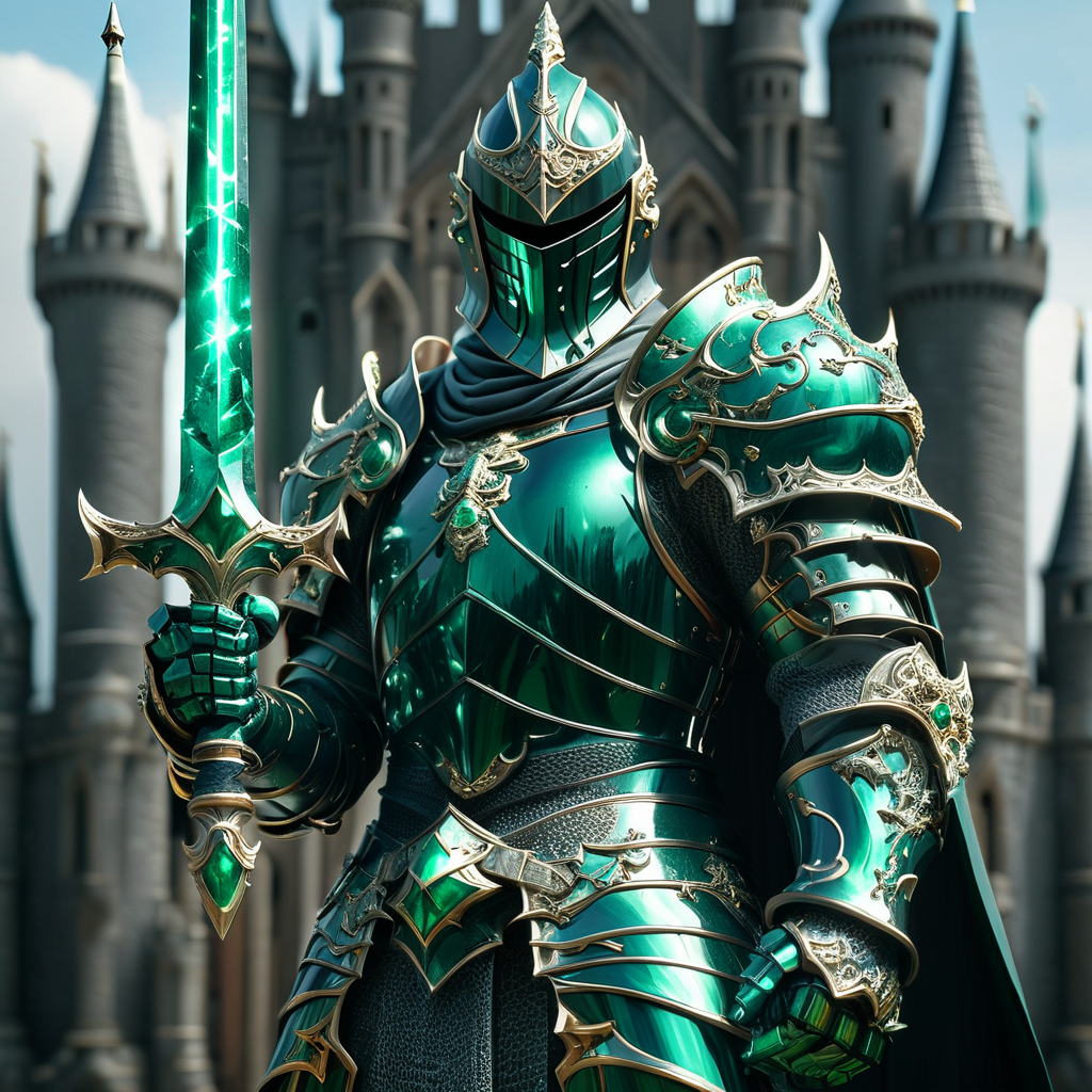 Close up shot of a knight, wearing ObsidianEmerald armor and helmet, holding glowing sword infront of him, standing up, castle in background, HKStyle, HD, masterpiece, best quality, hyper detailed, ultra detailed, super realistic
