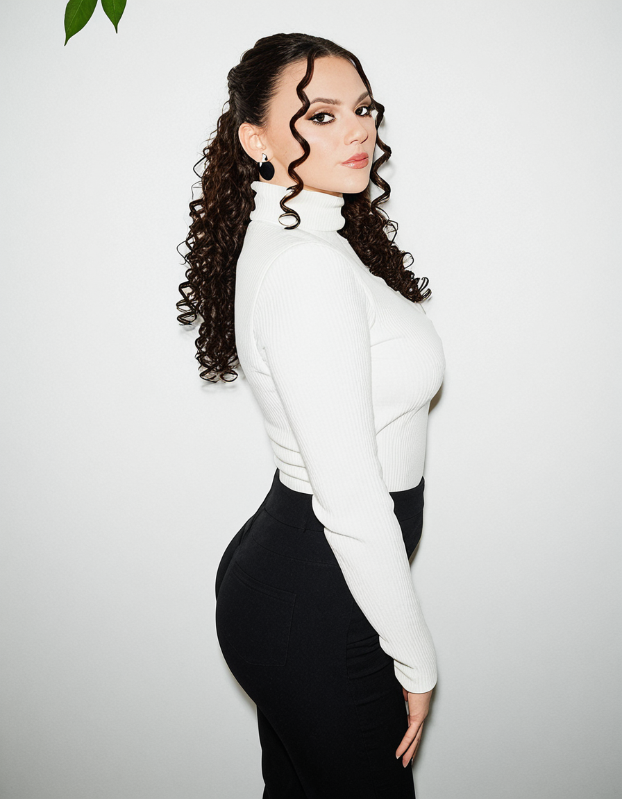 Dafne Keen a woman in a black suit posing for a picture against a white background. She is wearing a black pants, white turtleneck, with long curly hair with dark eyeliner and mascara.  <lora:Dafne_Keen:1.4> <lora:dmd2-sdxl-4step:1>